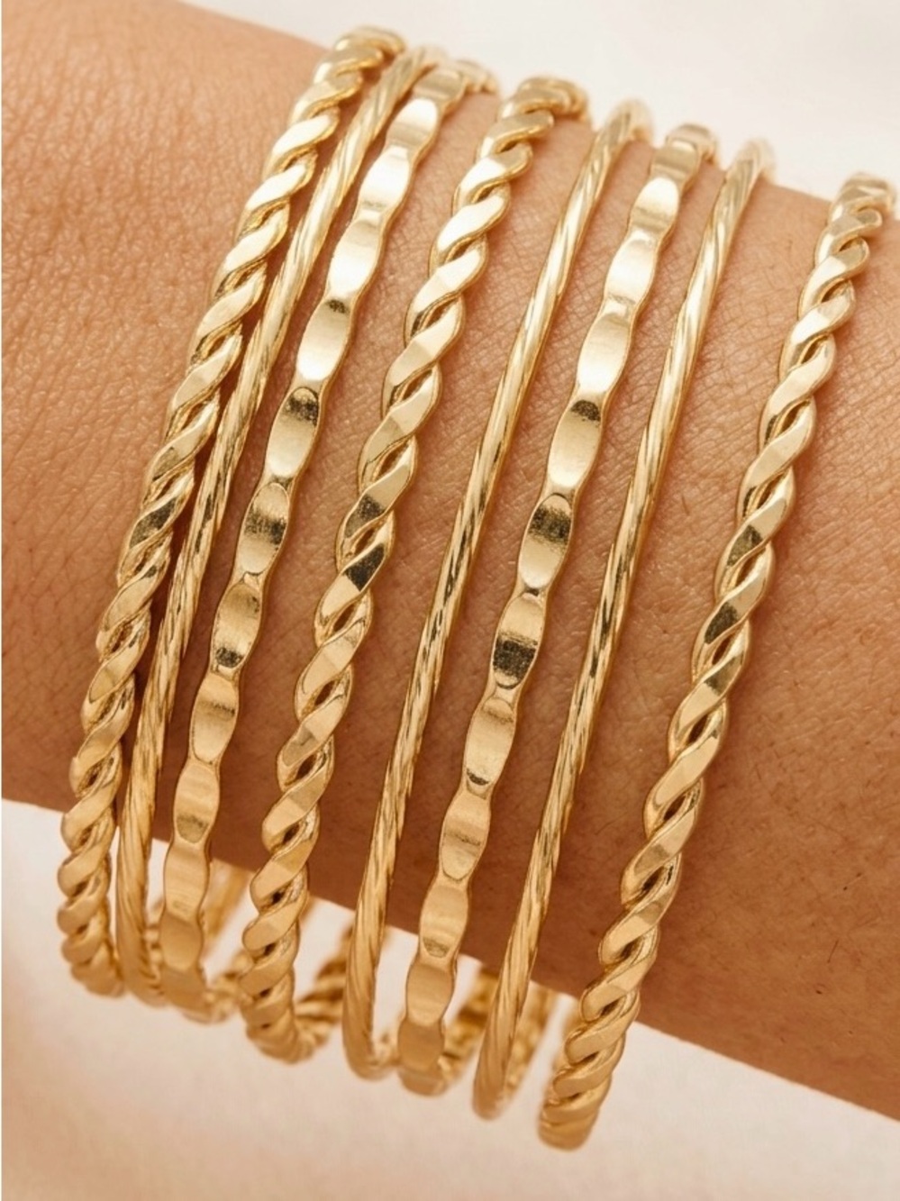 Multi-Piece Gold Stackable Bangle Bracelet Set – Mixed Textured, Twisted,